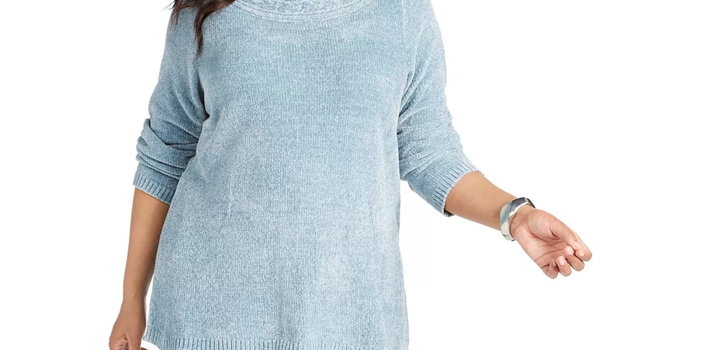Karen Scott Suéter Feminino Plus Size Gola Canoa Chenille Azul Tamanho 2X