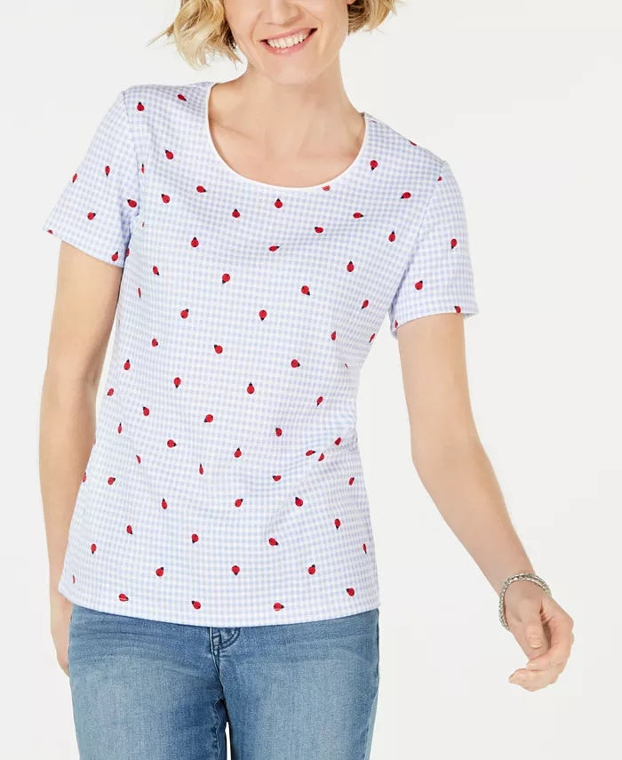 Karen Scott Blusa Feminina Petite Ladybug com Estampa Gingham Azul Tamanho Pequeno