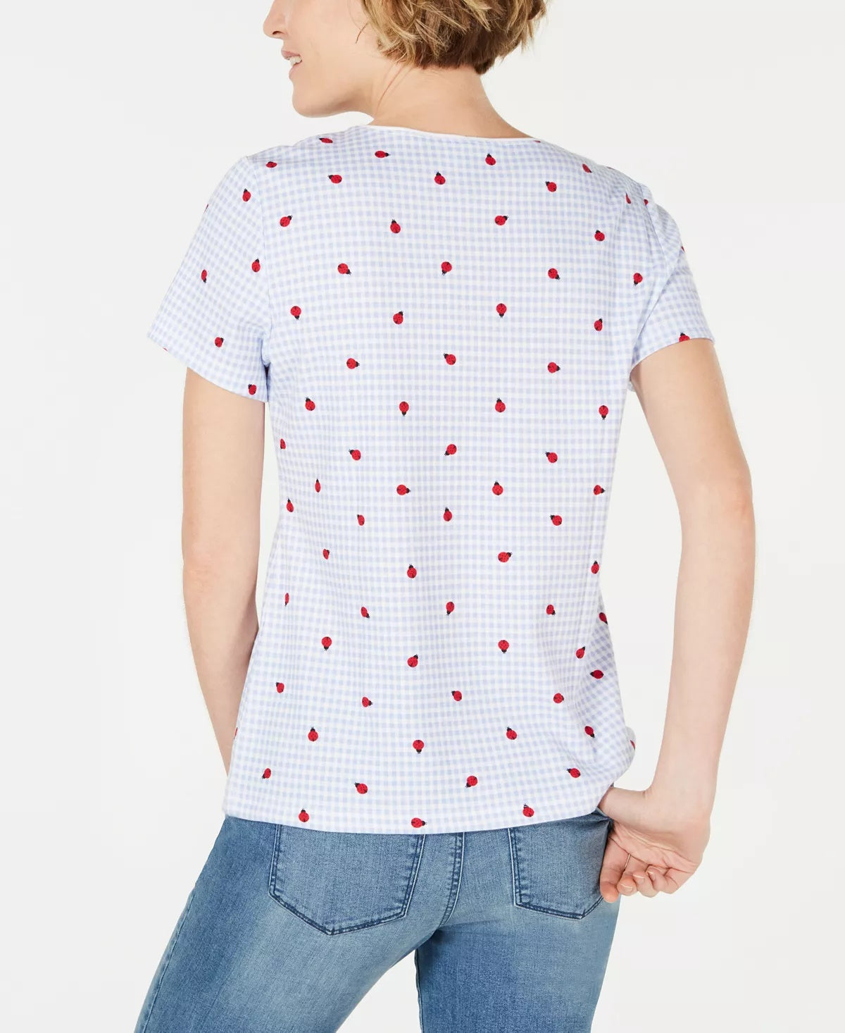 Karen Scott Blusa Feminina Petite Ladybug com Estampa Gingham Azul Tamanho Pequeno