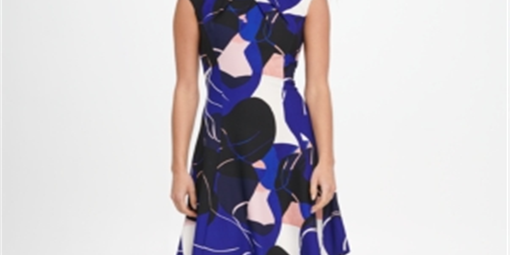 Vestido Dkny com estampa abstrata, decote plissado e ajuste evasê, azul, tamanho 8