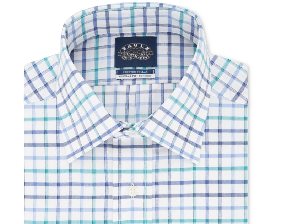 Camisa social xadrez Eagle masculina, tamanho grande e alto, clássica/regular, sem passar, com gola flexível, azul, tamanho 37-38
