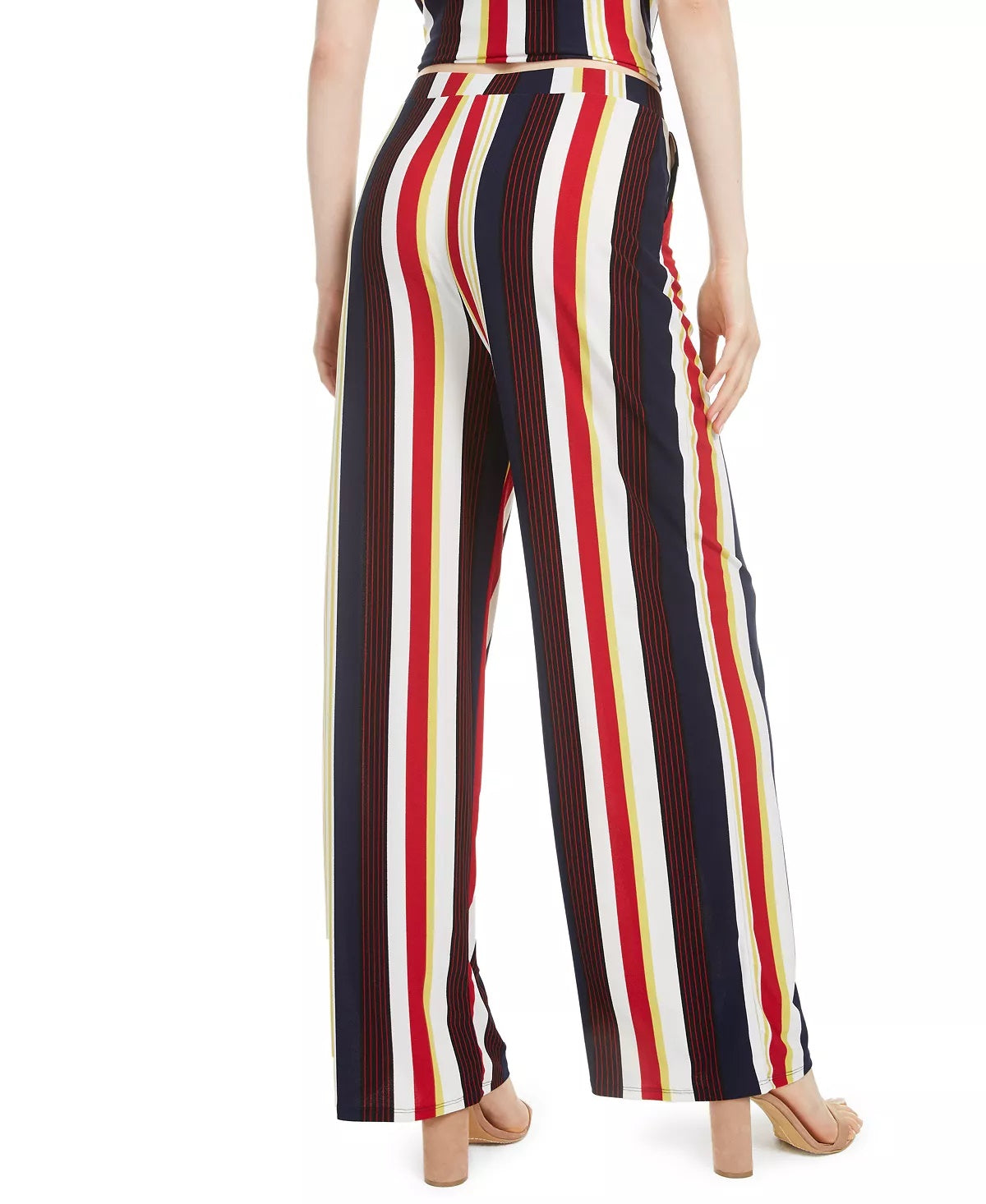 Calça feminina listrada Bar III, perna larga, preta, tamanho X-S