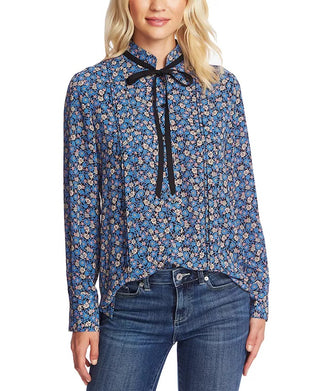 CeCe Women's Floral Cluster Tie Neck Blouse Blue Size Large