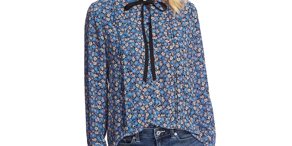Blusa feminina CeCe com decote em V e estampa floral, tamanho grande, azul