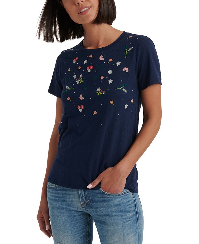 Lucky Brand Camiseta Feminina Floral Manga Curta Gola Redonda Azul Tamanho X-S
