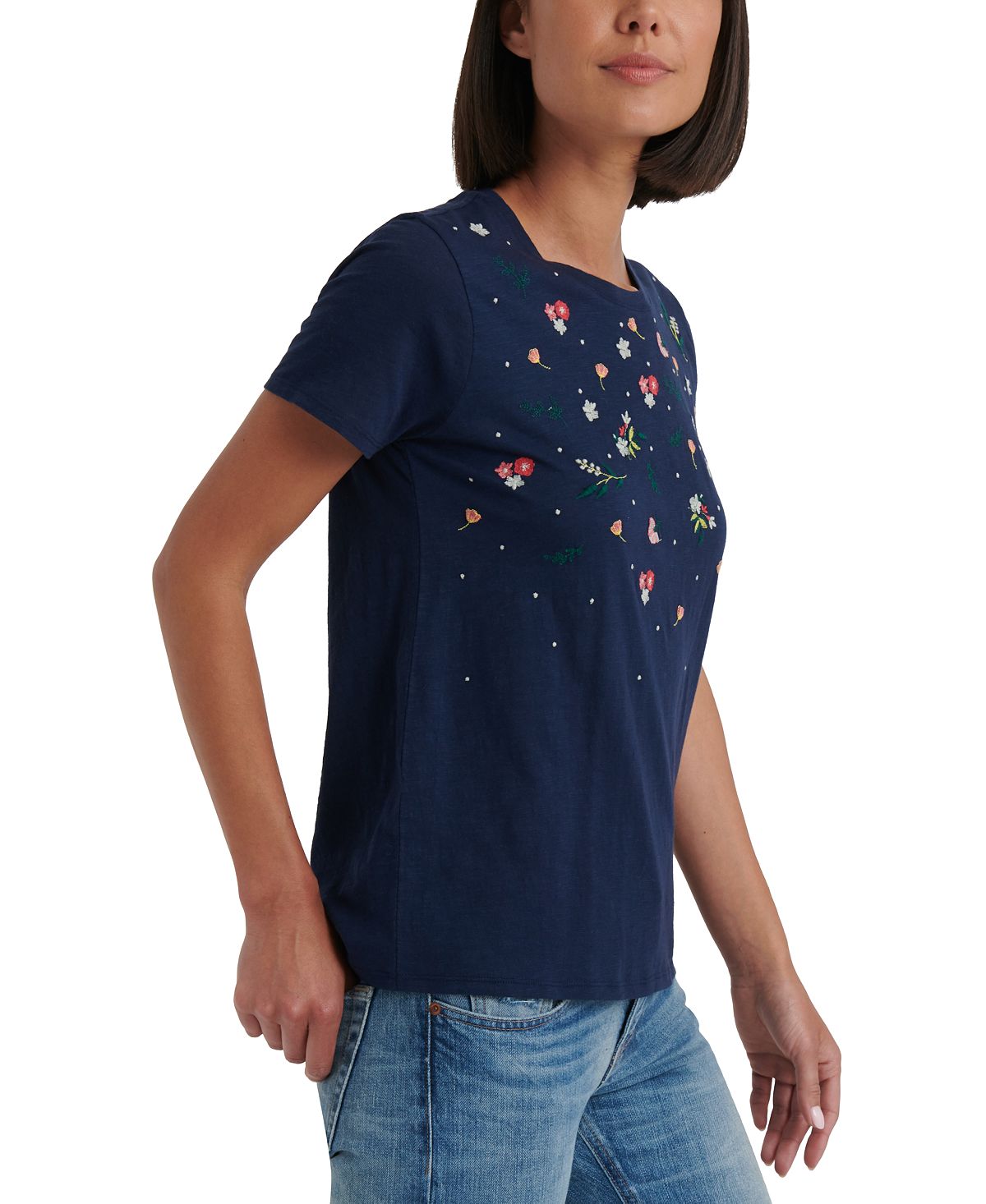 Lucky Brand Camiseta Feminina Floral Manga Curta Gola Redonda Azul Tamanho X-S