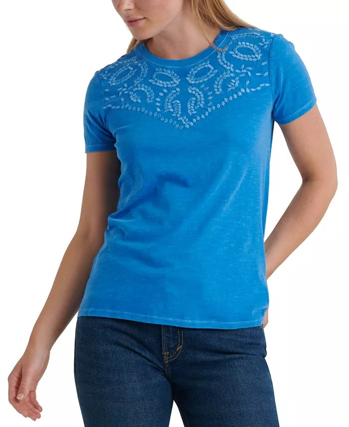 Camiseta feminina de algodão bordada Lucky Brand, azul, tamanho pequeno