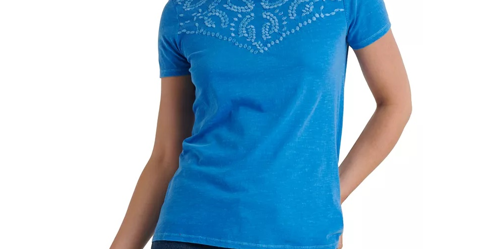 Camiseta feminina de algodão bordada Lucky Brand, azul, tamanho pequeno