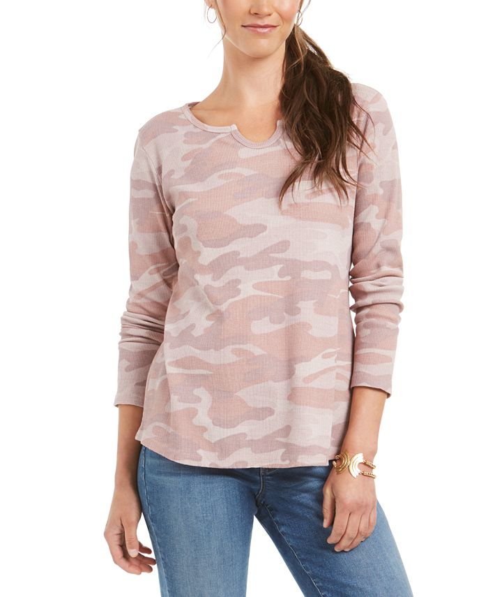 Blusa térmica feminina de algodão com gola dividida e estampada Style &amp; Co, rosa, tamanho M