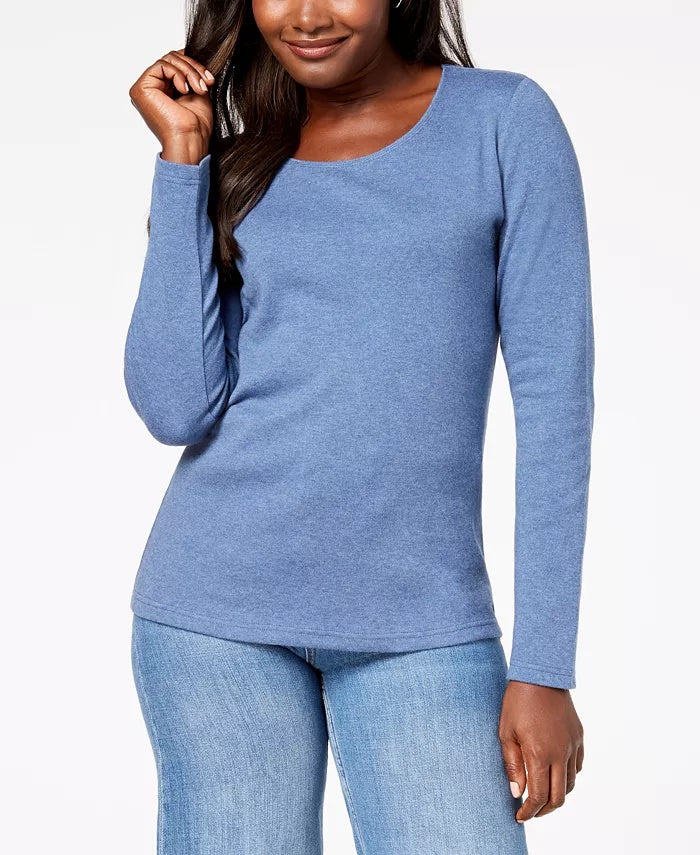 Blusa feminina Karen Scott de algodão com decote redondo, azul, tamanho pequeno