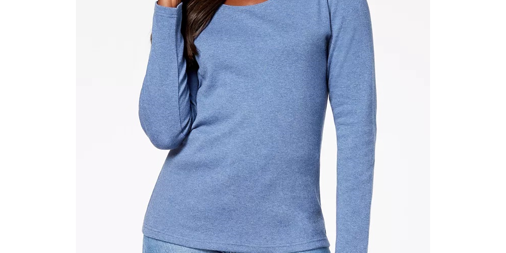 Blusa feminina Karen Scott de algodão com decote redondo, azul, tamanho pequeno