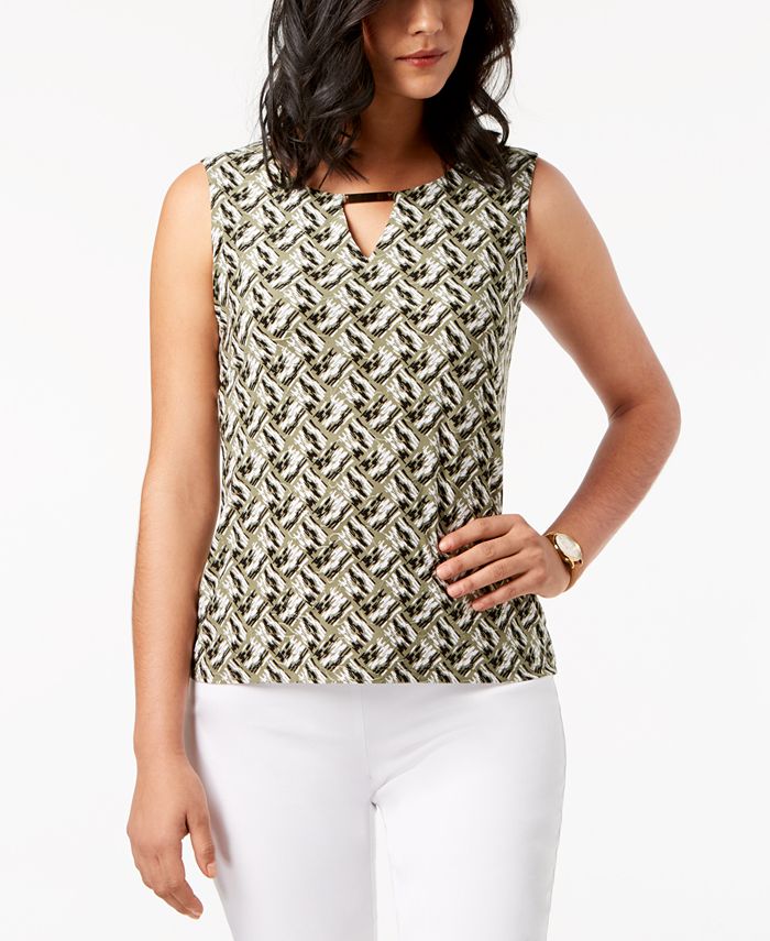 Blusa feminina estampada com decote em jacquard e fenda, verde, tamanho P, da coleção JM