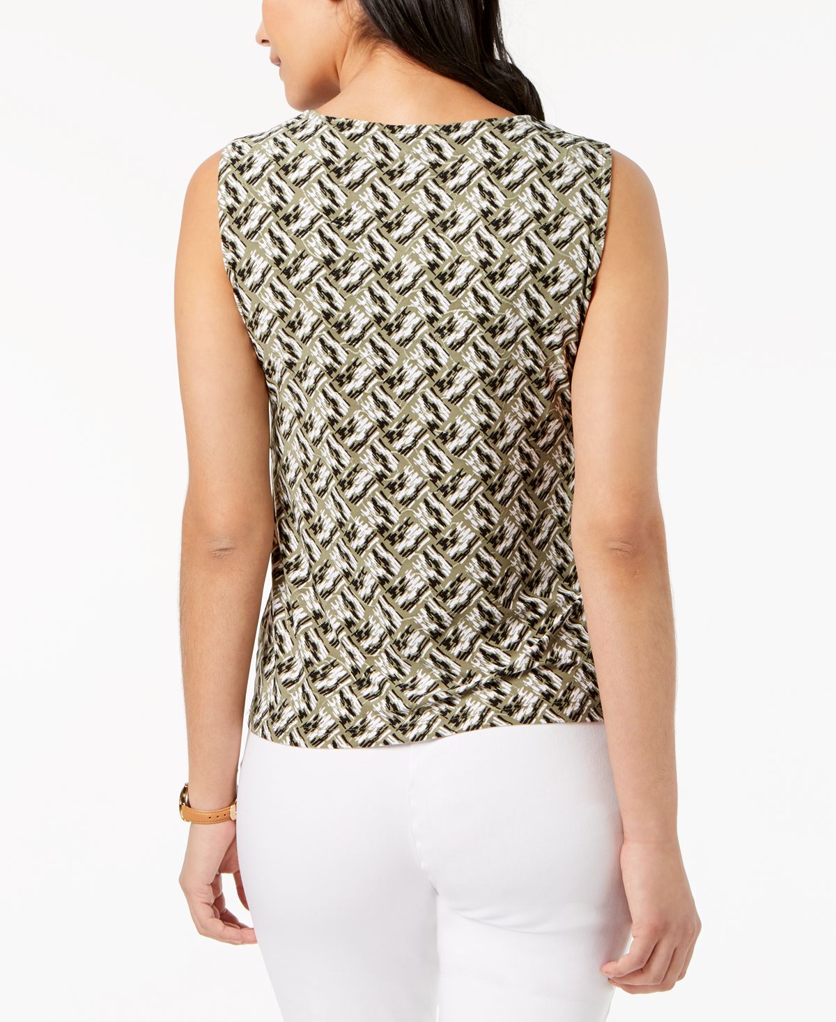 Blusa feminina estampada com decote em jacquard e fenda, verde, tamanho P, da coleção JM