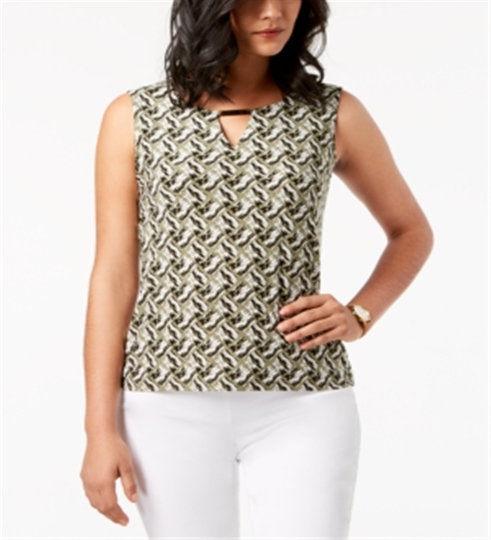 Blusa feminina estampada com decote em jacquard e fenda, verde, tamanho P, da coleção JM
