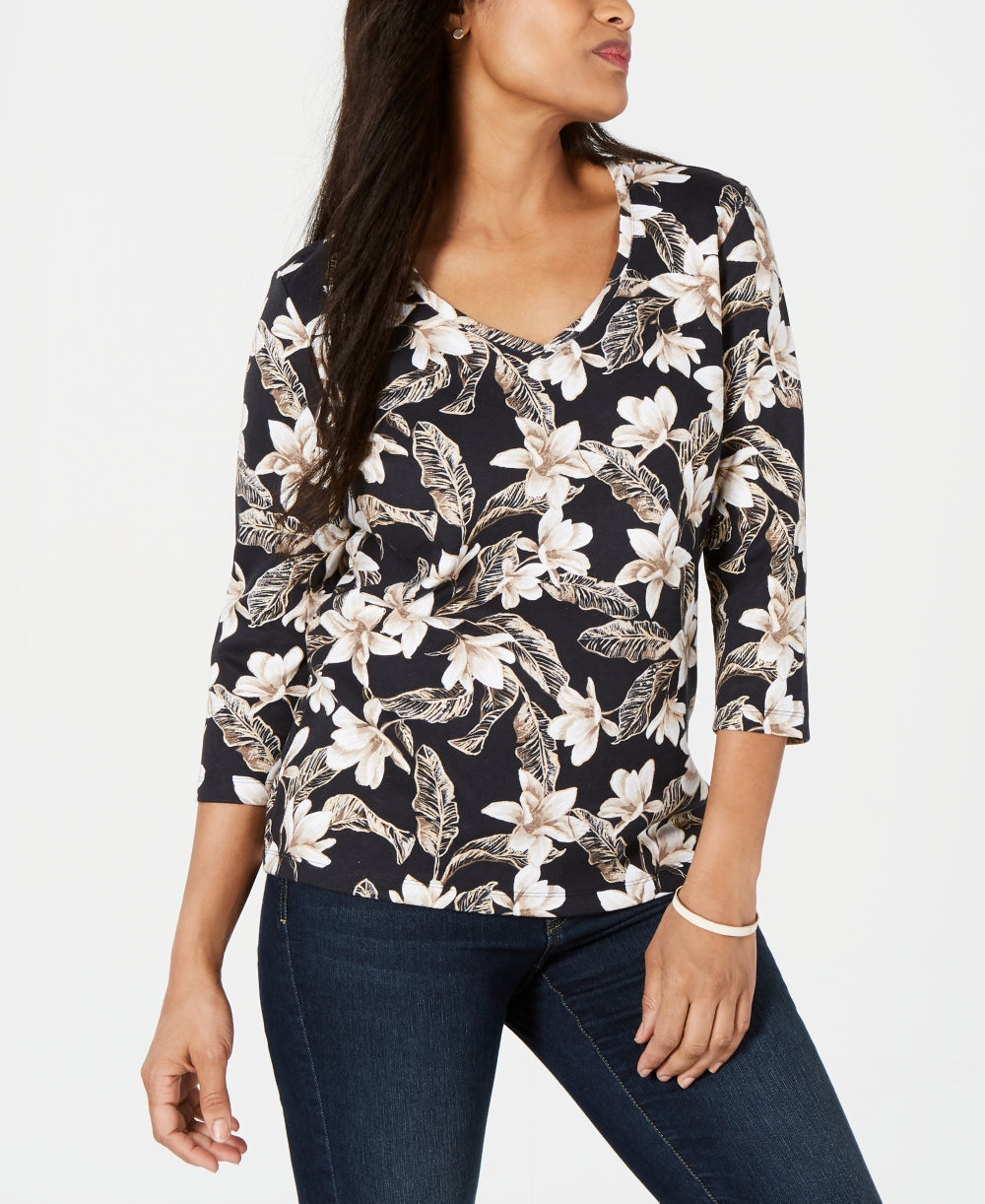 Blusa feminina Karen Scott com estampa floral e decote em V, preta, tamanho X P