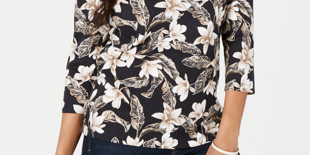 Blusa feminina Karen Scott com estampa floral e decote em V, preta, tamanho X P
