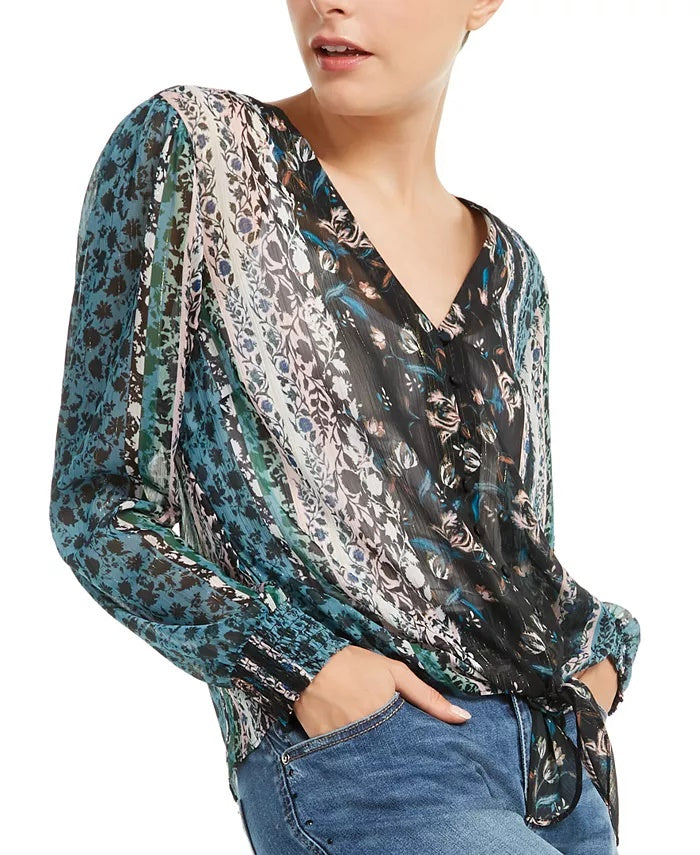 Blusa feminina estampada com amarração frontal, tamanho X-S, preta, da INC International Concepts