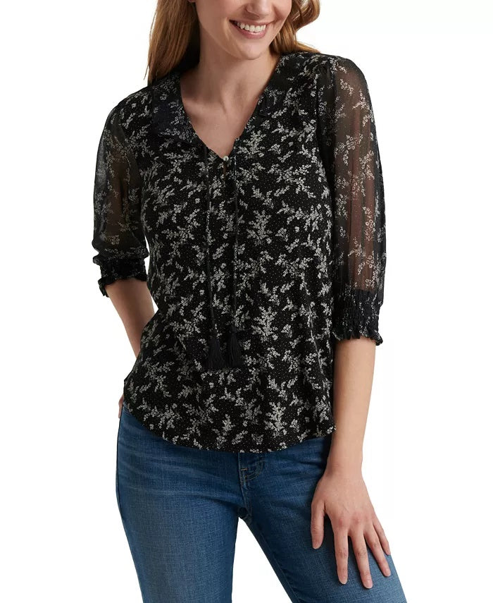 Blusa feminina Lucky Brand com estampa mista e manga transparente, preta, tamanho pequeno