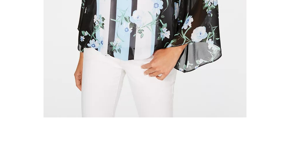 Blusa feminina Alfani estampada com manga de anjo, azul, tamanho grande