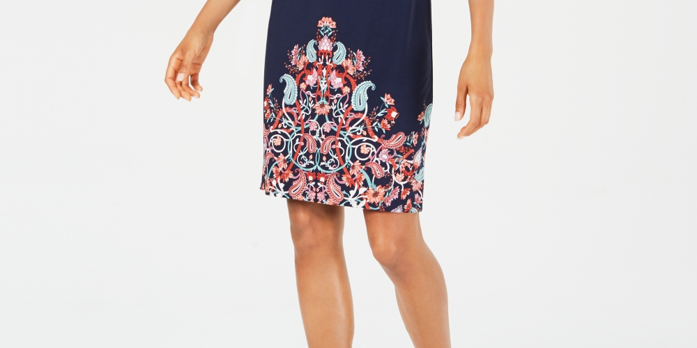 Vestido feminino JM Collection Petite estampado com mangas cortadas, azul marinho, tamanho Petite G