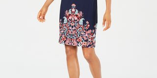 Vestido feminino JM Collection Petite estampado com mangas cortadas, azul marinho, tamanho Petite G