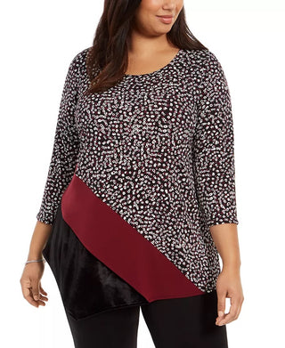 Alfani Women's Printed & Velvet Asymmetrical Top Black Size 2X