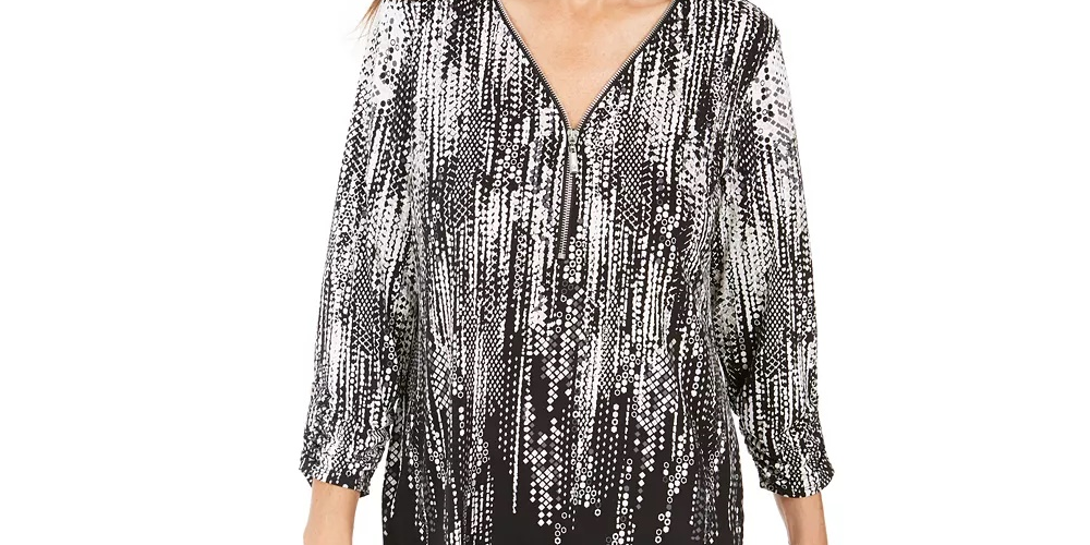 JM Collection Top feminino estampado com decote em zíper, tamanho pequeno, preto, tamanho médio