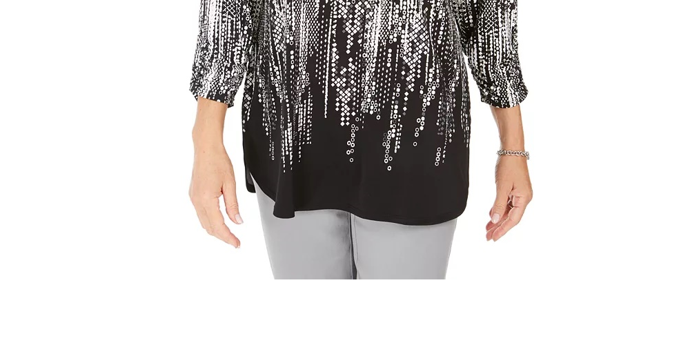 JM Collection Top feminino estampado com decote em zíper, tamanho pequeno, preto, tamanho médio