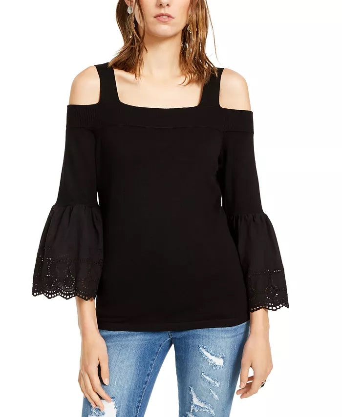 INC International Concepts Top Feminino com Ombros Descobertos e Manga Sino, Gola Quadrada, Preto, Tamanho X-S