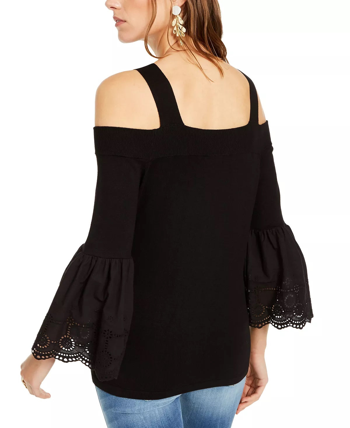 INC International Concepts Top Feminino com Ombros Descobertos e Manga Sino, Gola Quadrada, Preto, Tamanho X-S