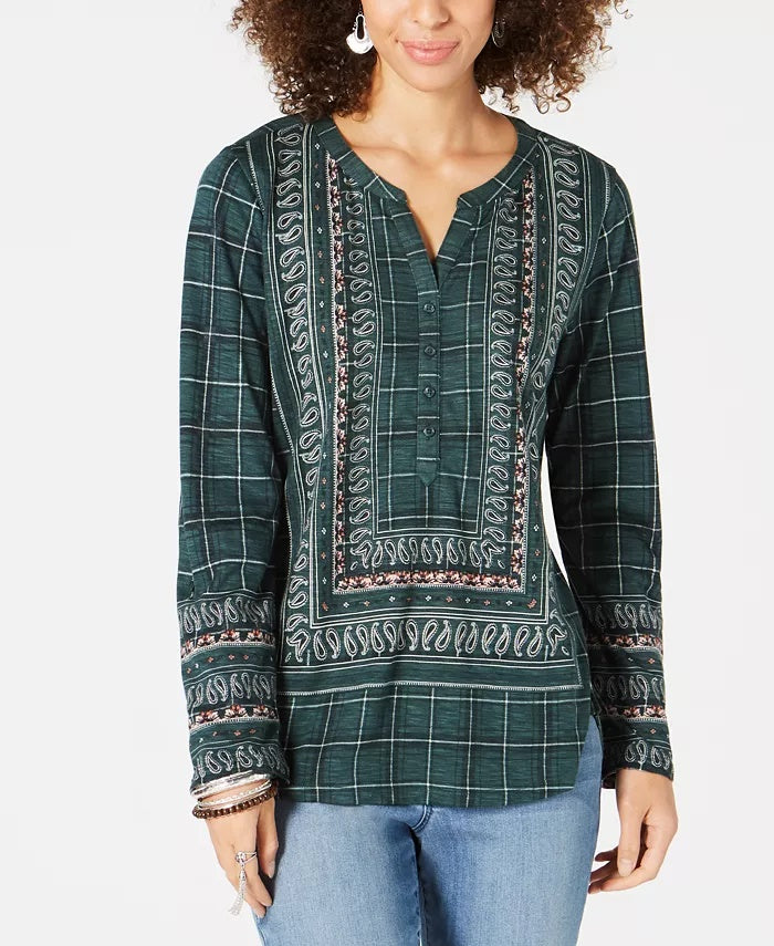 Blusa feminina estilo &amp; co, verde oliva, estampa paisley, tamanho pequeno