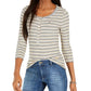 Tommy Hilfiger Blusa listrada feminina de manga comprida com gola alta, branca/azul/amarela, tamanho médio
