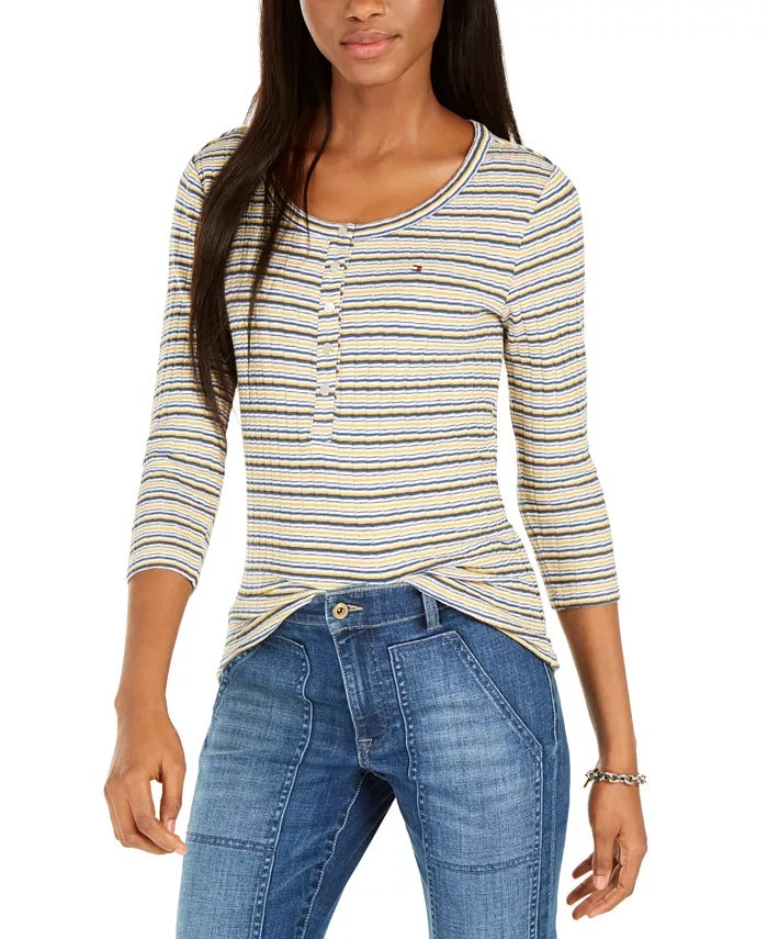 Tommy Hilfiger Blusa listrada feminina de manga comprida com gola alta, branca/azul/amarela, tamanho médio