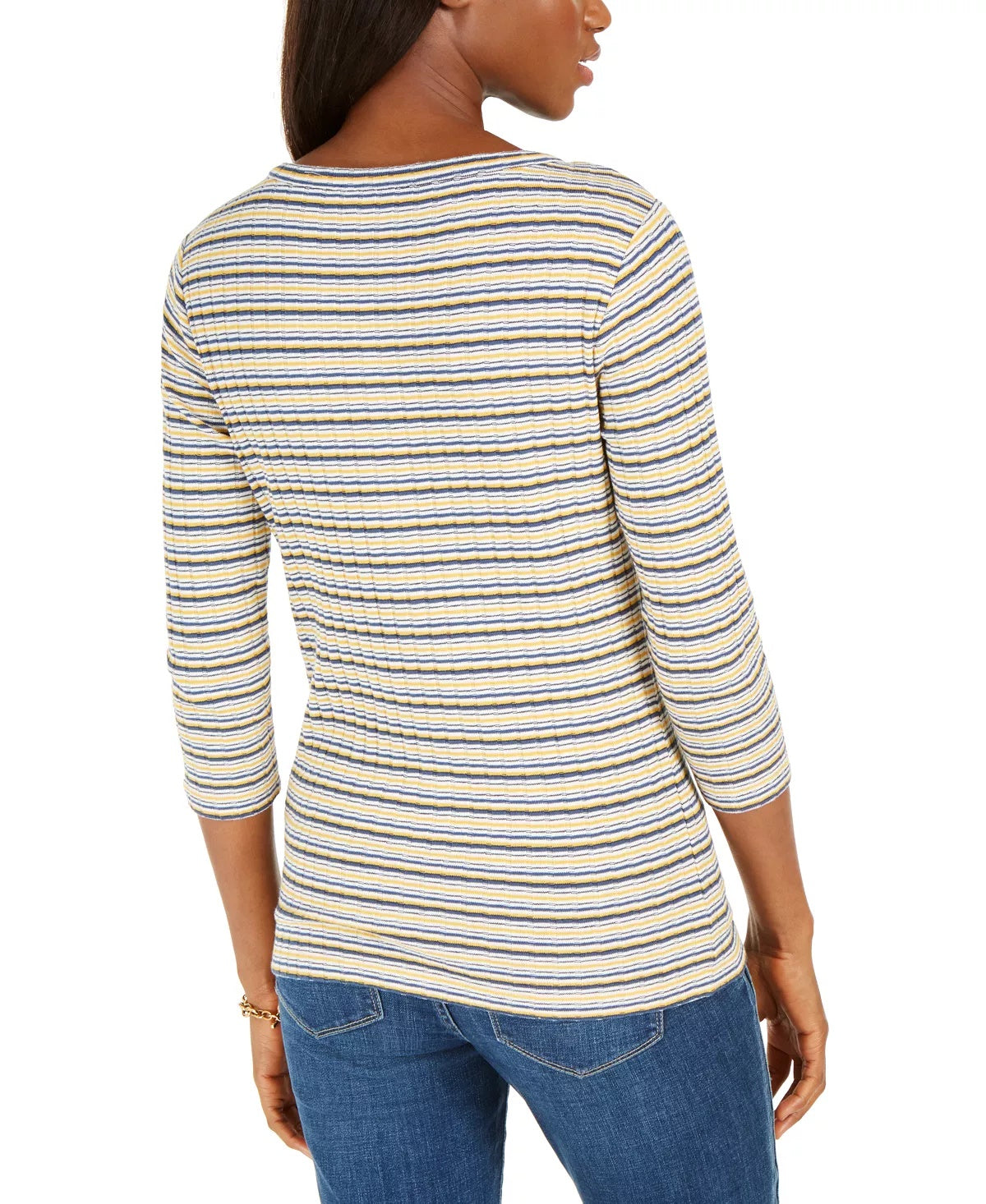 Tommy Hilfiger Blusa listrada feminina de manga comprida com gola alta, branca/azul/amarela, tamanho médio
