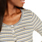 Tommy Hilfiger Blusa listrada feminina de manga comprida com gola alta, branca/azul/amarela, tamanho médio