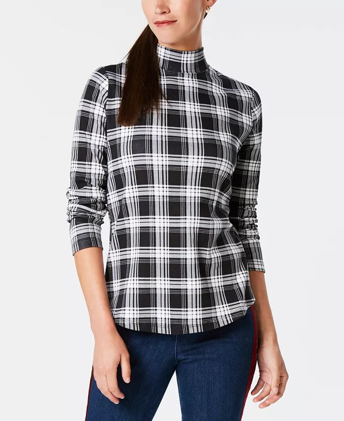 Camiseta feminina xadrez de algodão Charter Club, preta, tamanho extragrande