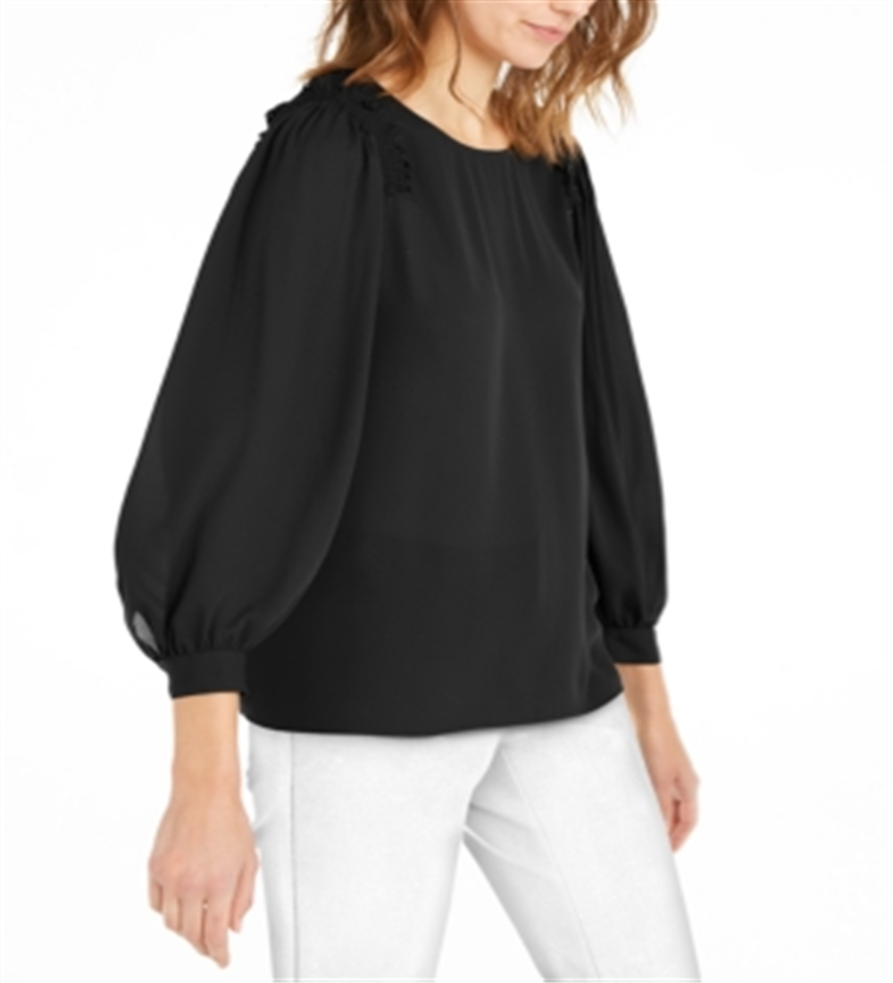 Blusa feminina Alfani com babados e decote redondo para usar no trabalho, preta, tamanho médio