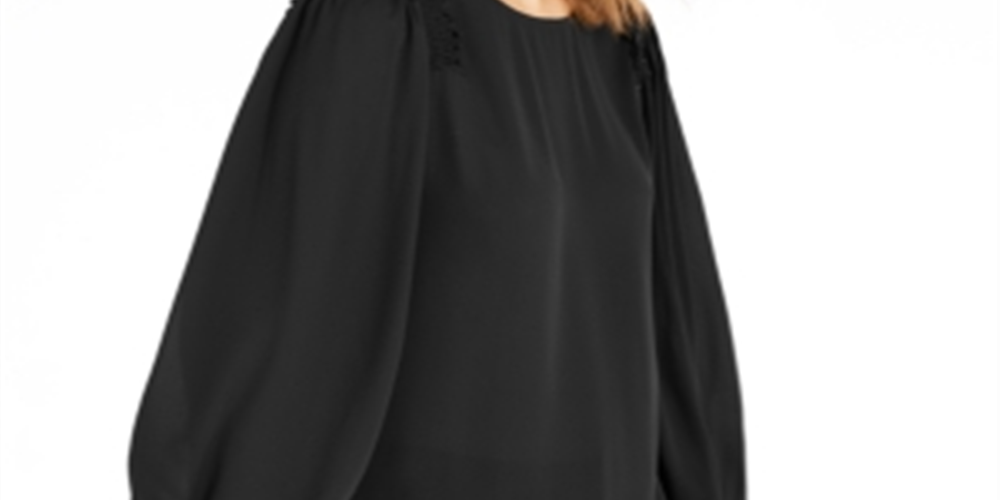 Blusa feminina Alfani com babados e decote redondo para usar no trabalho, preta, tamanho médio