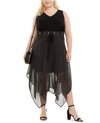 Vestido feminino plus size Love Squared com estampa de bolinhas e bainha de lenço, preto/branco, tamanho 2X