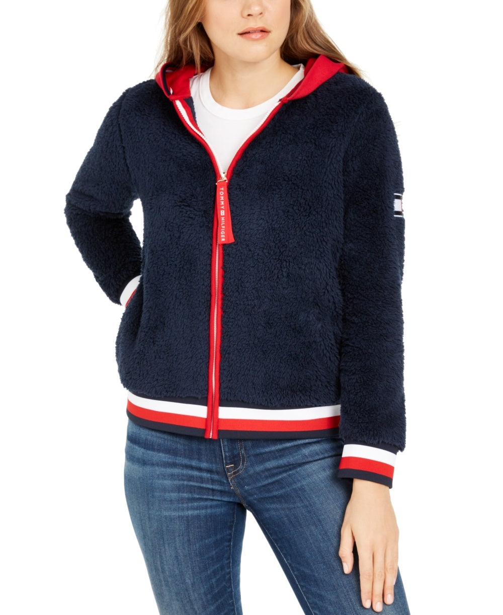 Tommy Hilfiger Moletom com capuz feminino Faux-Sherpa, azul-marinho, tamanho GG
