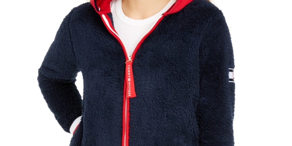 Tommy Hilfiger Moletom com capuz feminino Faux-Sherpa, azul-marinho, tamanho GG