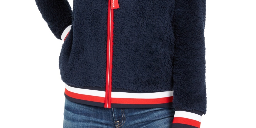 Tommy Hilfiger Moletom com capuz feminino Faux-Sherpa, azul-marinho, tamanho GG