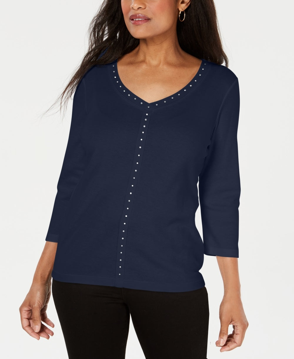 Karen Scott Top Feminino com Decote em V e Tachas Azul Marinho Tamanho Extra Pequeno