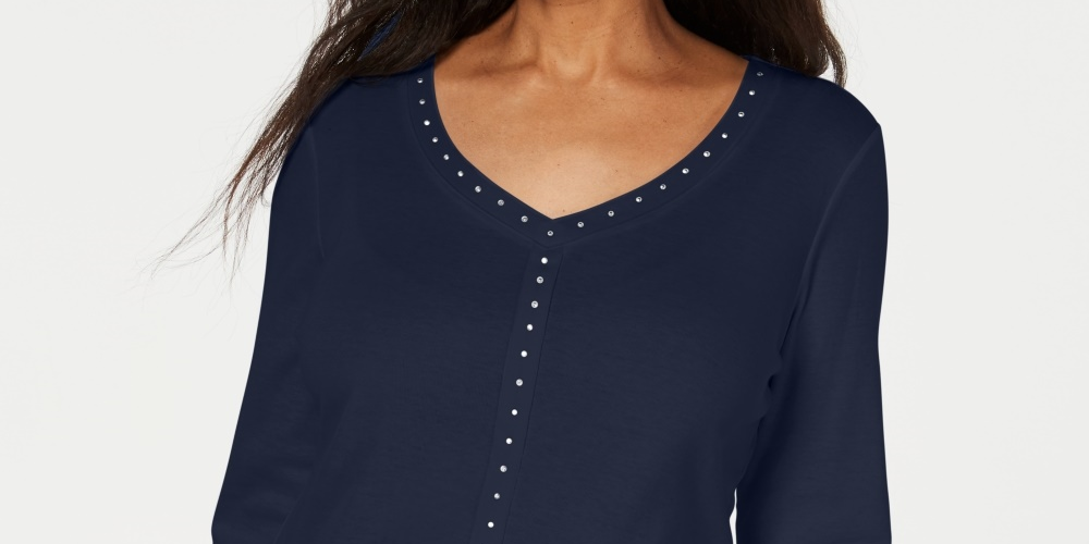 Karen Scott Top Feminino com Decote em V e Tachas Azul Marinho Tamanho Extra Pequeno
