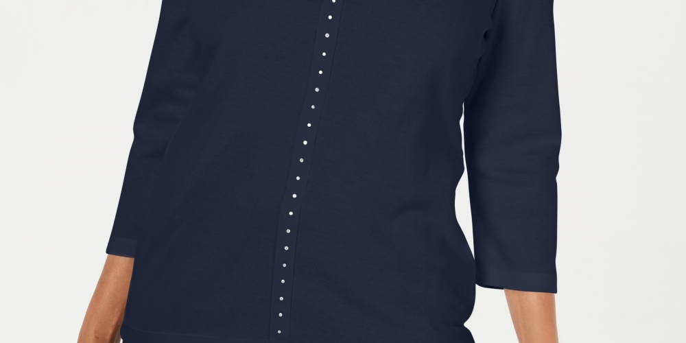 Karen Scott Top Feminino com Decote em V e Tachas Azul Marinho Tamanho Extra Pequeno