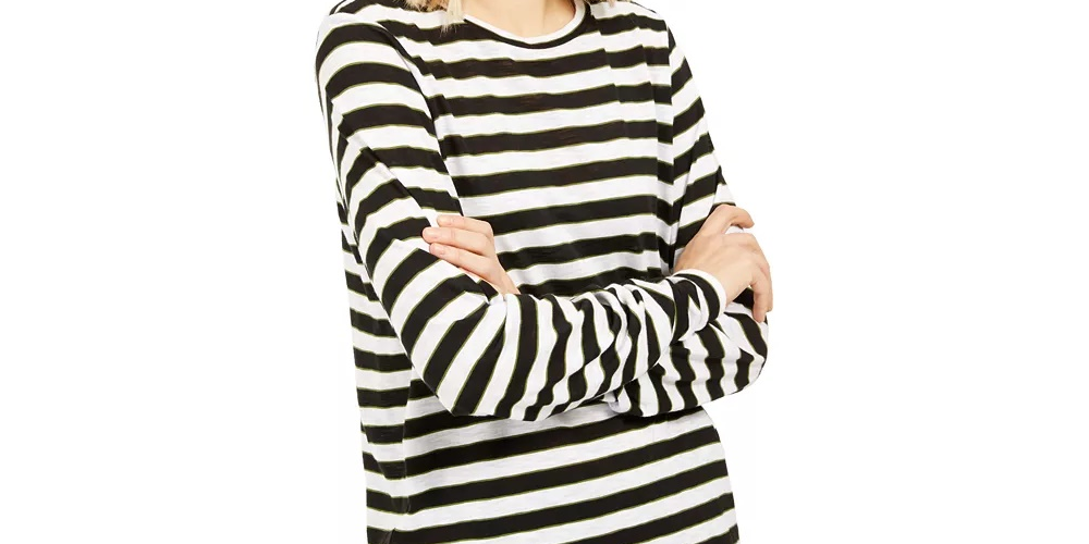 Blusa listrada feminina Michael Kors de manga comprida, tamanho grande, branca, tamanho grande