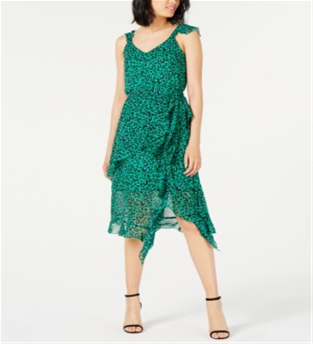 Vestido feminino com babados e estampa animal da INC International Concepts, estampa de leopardo esmeralda, verde, tamanho 18