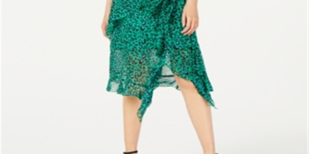 Vestido feminino com babados e estampa animal da INC International Concepts, estampa de leopardo esmeralda, verde, tamanho 18