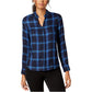 Camisa xadrez feminina INC International Concepts com botões, azul, tamanho M