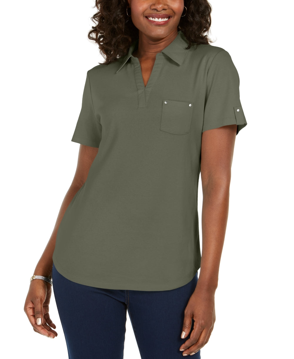 Camisa polo feminina Karen Scott de algodão, verde, tamanho pequeno